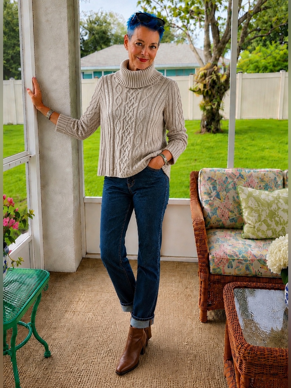 Vintage Moda International Cable Knit Turtleneck Sweater L Cream Wool Blend